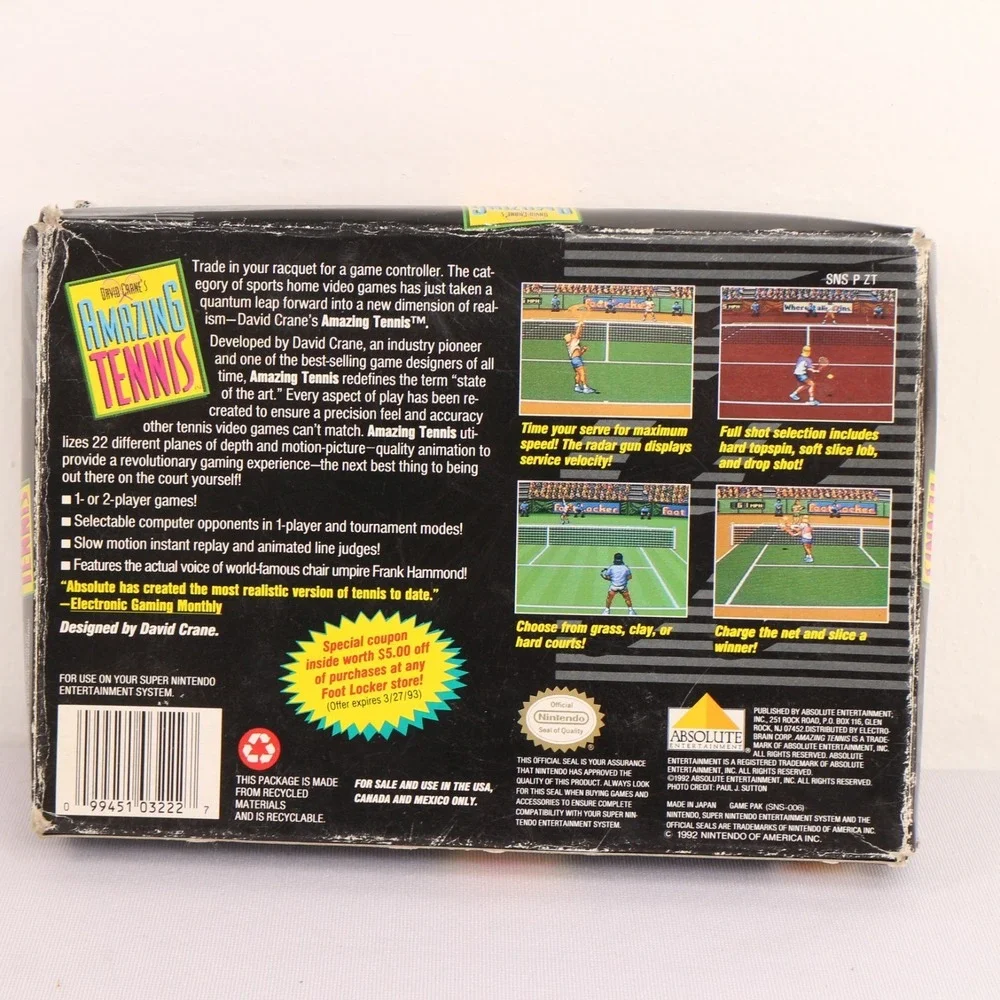 David Crane's Amazing Tennis Game Cartridge Open Box Super Nintendo SNES SNS-006